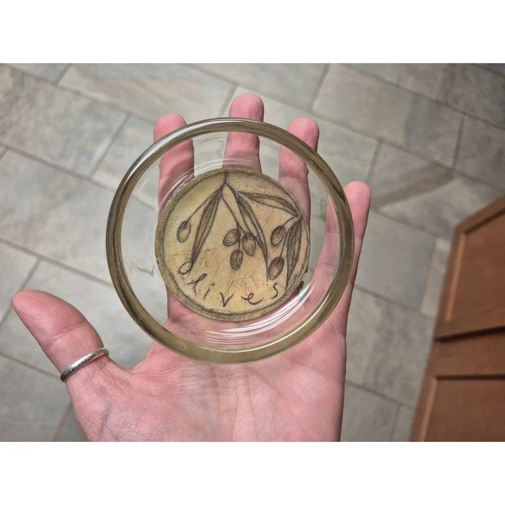 Vintage Glass Coaster Set of 3 Olive Branch Cork Back Tuscan Charcuterie Decor